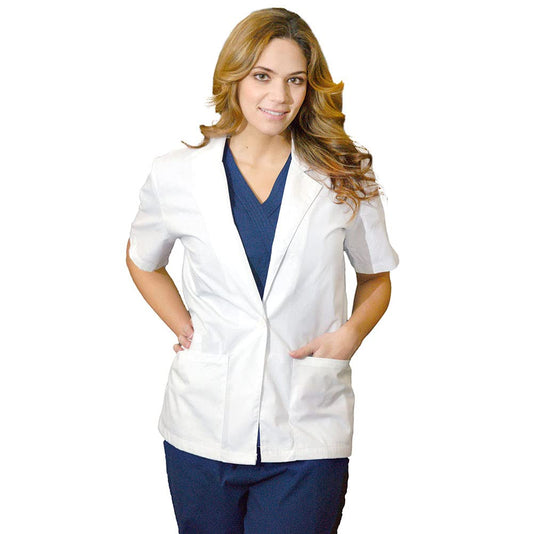 Medgear Women's White Lab Coat 28", Short Sleeves and 3 Pockets