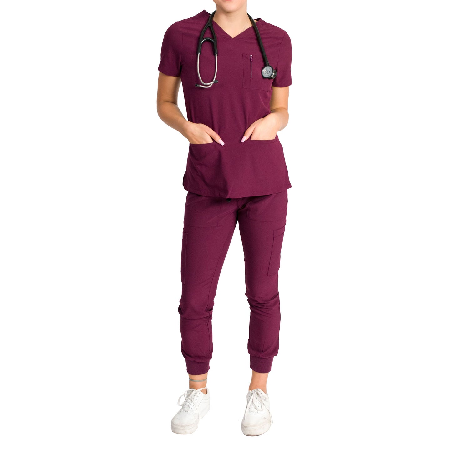 Medgear Fleur Women's Stretch Scrub Set with Zip Chest Pocket Top and Knit Rib Cuffs Jogger Pants