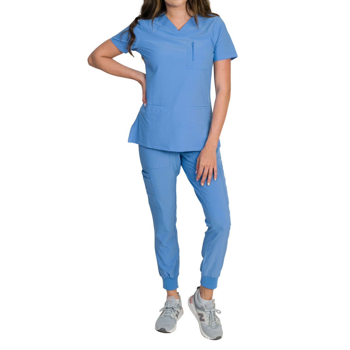 Medgear Fleur Women's Stretch Scrub Set with Zip Chest Pocket Top and Knit Rib Cuffs Jogger Pants