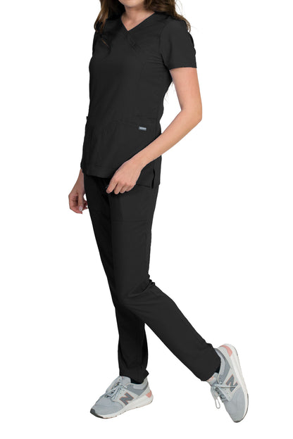 Medgear Celeste Women's Stretch Scrubs Set Cross Over Neckline Top and Slim Leg Pants (Black)