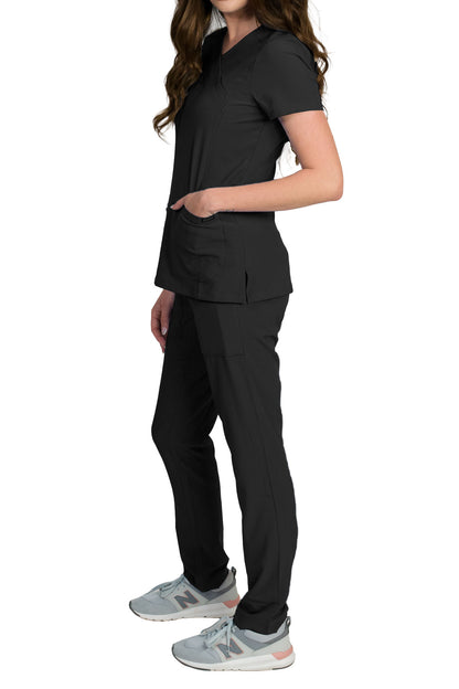 Medgear Celeste Women's Stretch Scrubs Set Cross Over Neckline Top and Slim Leg Pants (Black)