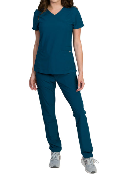 Medgear Celeste Women's Stretch Scrubs Set Cross Over Neckline Top and Slim Leg Pants