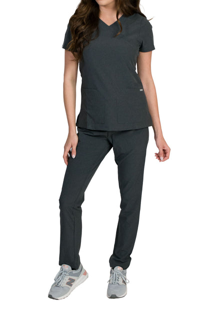 Medgear Celeste Women's Stretch Scrubs Set Cross Over Neckline Top and Slim Leg Pants (Black)