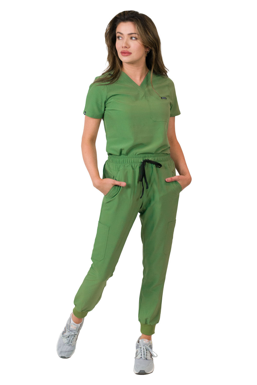 Medgear Aurora Women's Scrubs Set, V-Neck One Pocket Top with Knit Rib Cuffs Jogger Pants