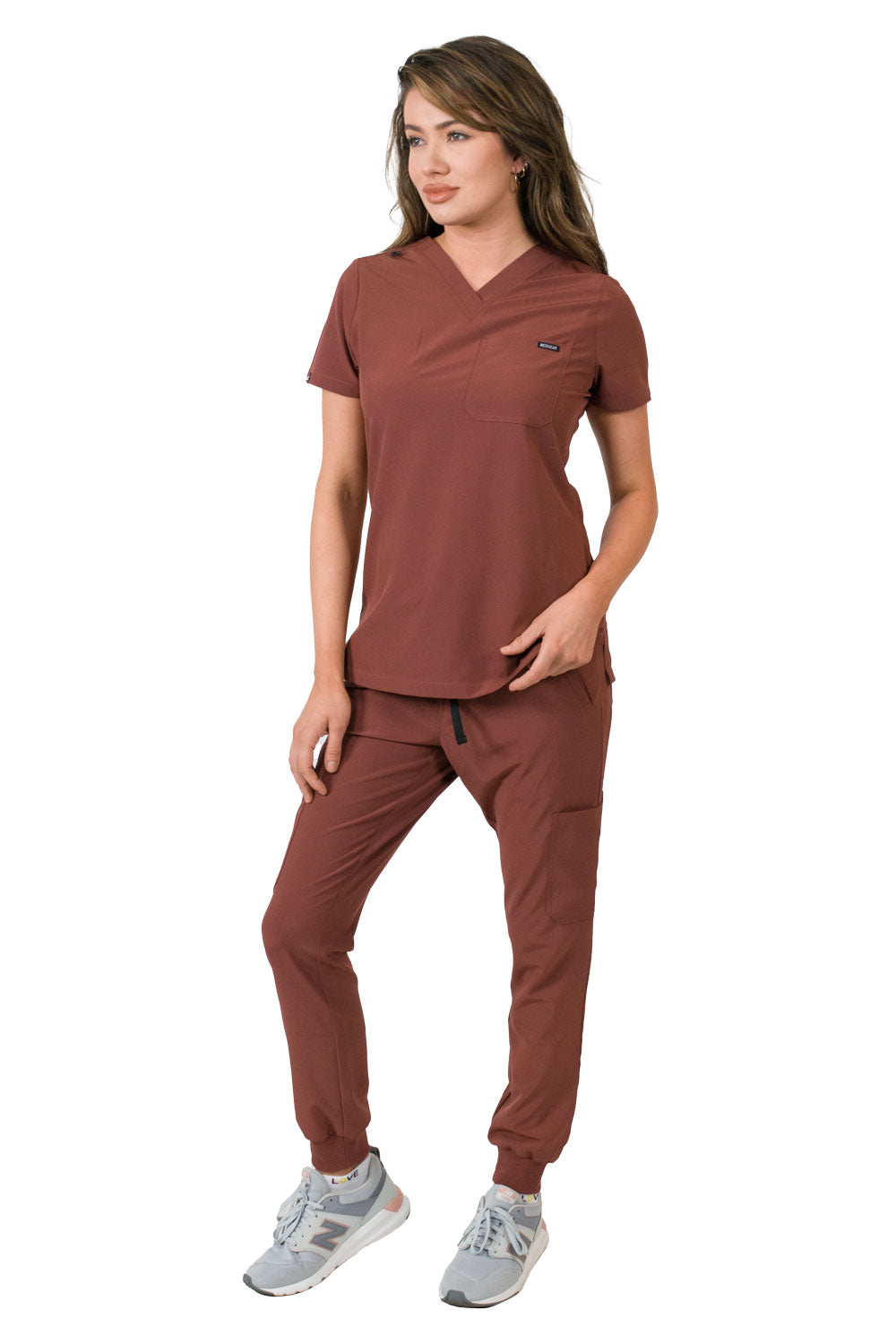 Medgear Aurora Women's Scrubs Set, V-Neck One Pocket Top with Knit Rib Cuffs Jogger Pants