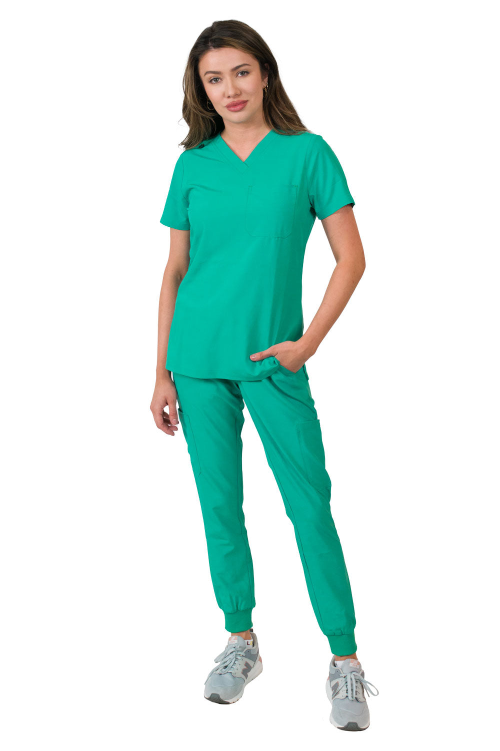 Medgear Aurora Women's Scrubs Set, V-Neck One Pocket Top with Knit Rib Cuffs Jogger Pants