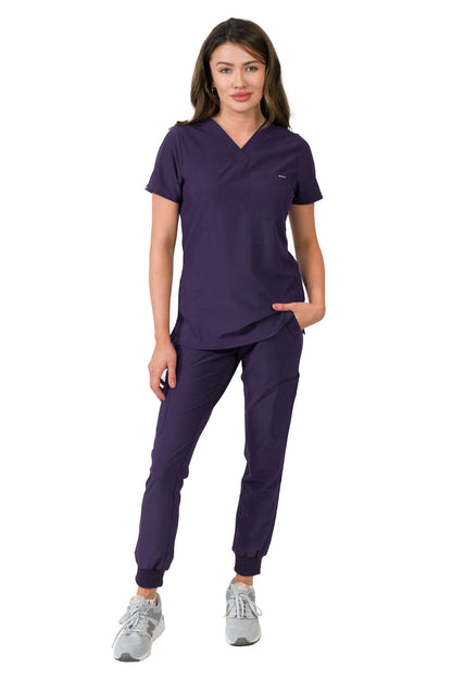 Medgear Aurora Women's Scrubs Set, V-Neck One Pocket Top with Knit Rib Cuffs Jogger Pants