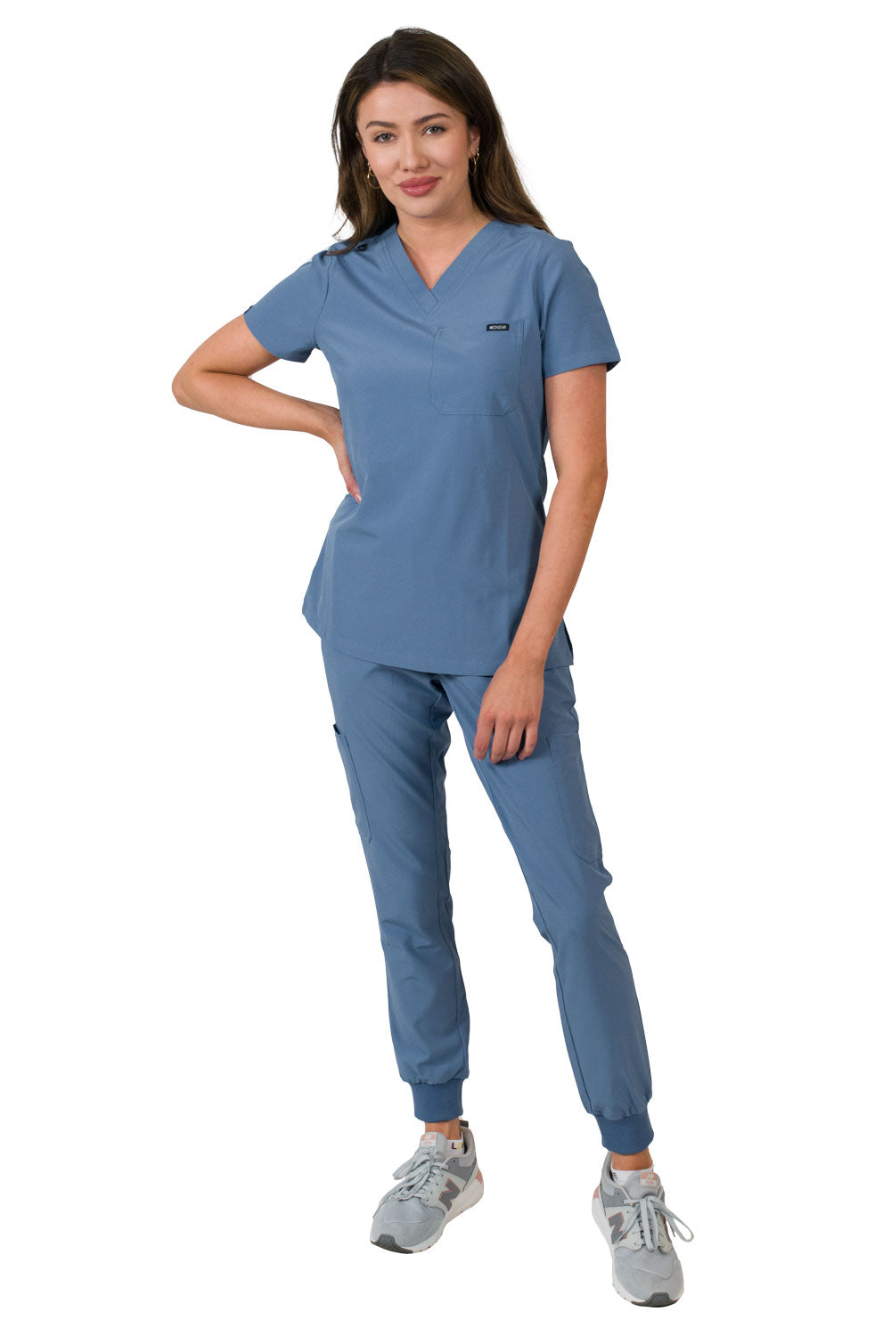 Medgear Aurora Women's Scrubs Set, V-Neck One Pocket Top with Knit Rib Cuffs Jogger Pants